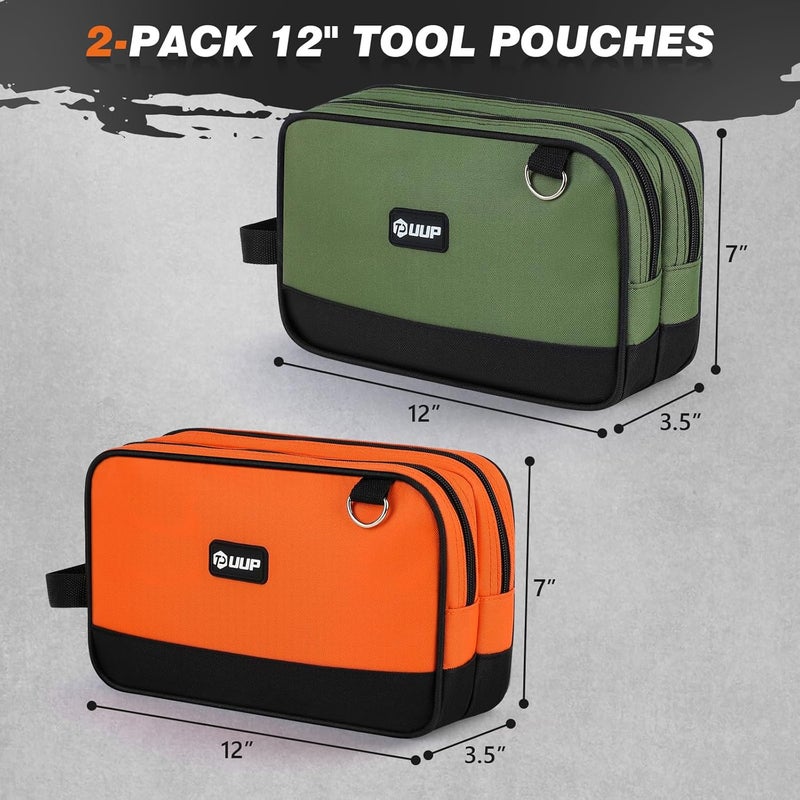 UUP 12" Small Tool Bag 2 Pack, Zipper Tool Pouch 2 Compartments, Utility ToolBag with Carrying Handle, Toolbox Organization, Screwdriver Storage Tool Box, Electrician Mechanic Men Dad Gifts, Orange/Green - Image 3